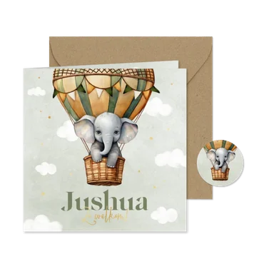 Geboortekaartje jongen vintage luchtballon olifantje lief